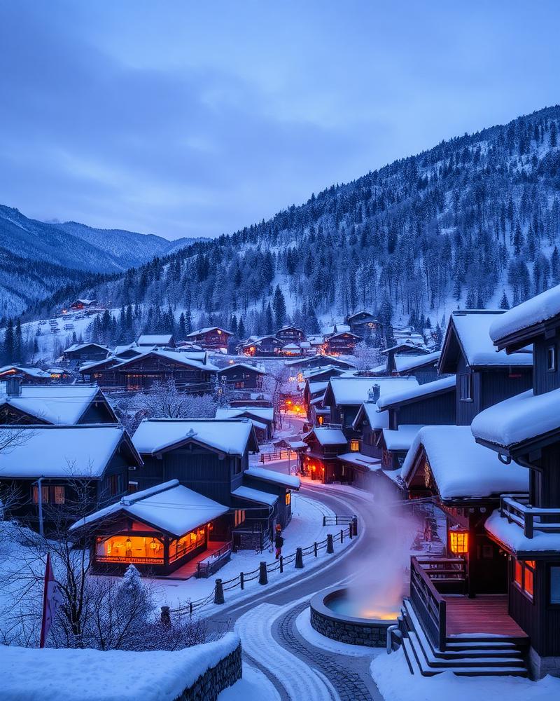 A snow-covered Japanese mountain village glowing with lanterns at dusk