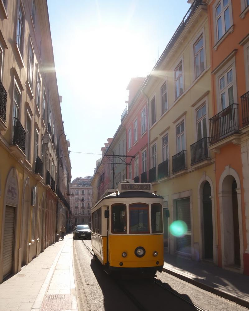 A yellow tram climbing a sunlit Lisbon street lined with pastel buildings