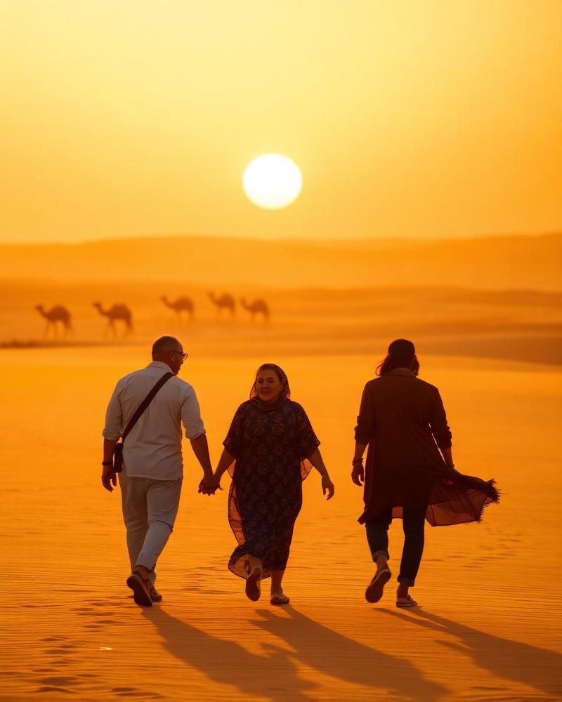 A family walking across golden desert sand at sunset with camels behind them